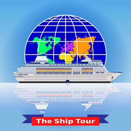Cruise ship tour. White cruise ship with globe. Round-world voyage. Trendy concept for infographics, catalogs, information. Globe and cruise liner vector illustration. Theme of tourism and recreationのイラスト素材