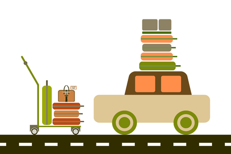 Vector flat illustration. Luggage trolley with suitcases. Car with luggage on the roof. The baggage is on the luggage trolley. For infographic, catalogs, information, travel, website, social media.のイラスト素材