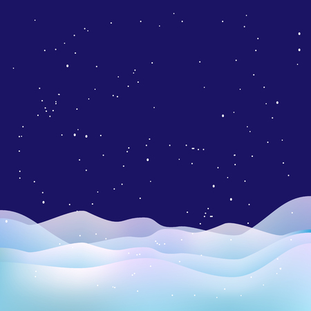 Vector illustration. Trendy Merry Christmas and New Year blue background. Xmas night background. Snow, stars and snowdrifts. Xmas background with winter landscape with snowflakes.のイラスト素材