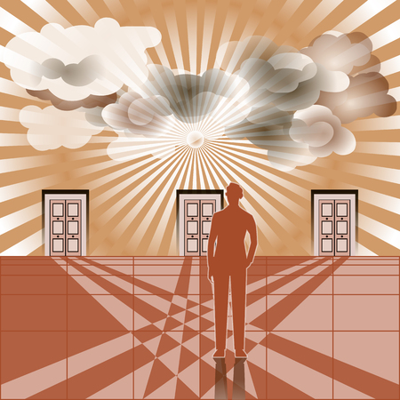 Businessman stands in front of three doors. A person must choose only one. The concept of career, luck and choice. Vector illustration of making a decision. For business, infographic, information.のイラスト素材