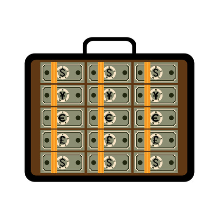 Suitcase full of money. Open briefcase with bundles of dollars, euros, Japanese yens, pounds. Vector business illustration of financial success, investment, capital, wealth, business opportunities.のイラスト素材