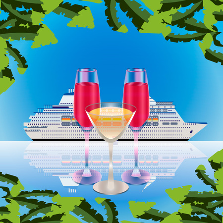 Vector illustration of sea vacation. Three glasses with drinks. White cruise ship. Glasses filled with drinks. Concept for infographic, catalogs, information, travel. Theme of tourism and recreationのイラスト素材