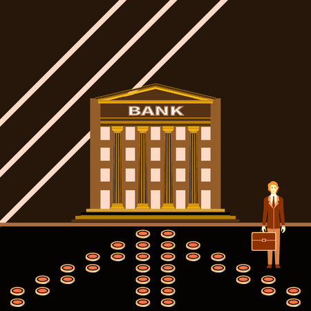 Bank building facade with columns. Successful young businessman with a briefcase next to a bank. Tracks are lined with coins. Financial success and money theme. Concept for business financing.のイラスト素材