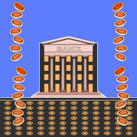 Exterior of the bank building. Coins fall from the sky. Front view of a bank building with columns on a blue sky background. Gold coins lie on the ground in front of the bank. Vector illustrationのイラスト素材
