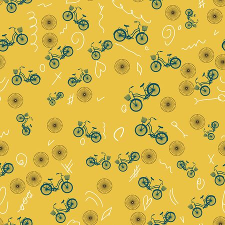 Vector seamless pattern on light mustard background. Blue bikes. Stylized wheels. White scribbles. Theme of sport, healthy lifestyle. Design for textiles, fabrics, background, banner, decor wallpaperのイラスト素材