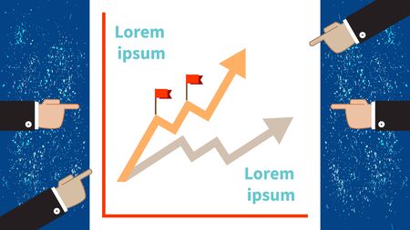 Vector flat illustration on blue background. Two charts in the center of composition. Four male hands in business suits point to charts. Creative idea for financial report and corporate presentation.のイラスト素材