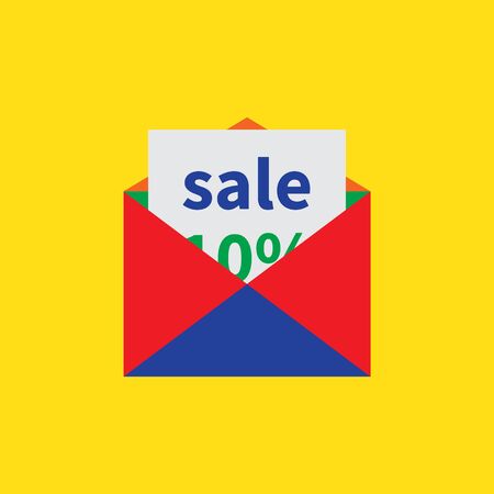 Open multi-colored envelope. Discount on paper sheet is in envelope. Vector illustration EPS10 on yellow background. Modern flat minimal style. Graphic design for advertising, mailing, notifications.のイラスト素材