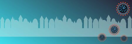 Coronavirus quarantine in city. Viral infection danger. City silhouette background. Coronavirus cells. COVID-19 spread throughout city. COVID19 outbreak concept. Horizontal blue banner. Copyspaceのイラスト素材