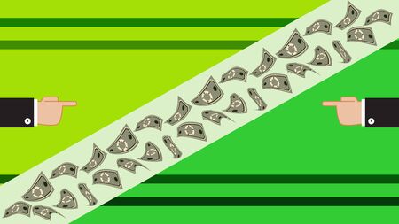 Two businessmen hands point to swirling banknotes. Marketing business or financial presentation business banner. Financial incentives. Business and time management. For workflow, web, infographic.のイラスト素材