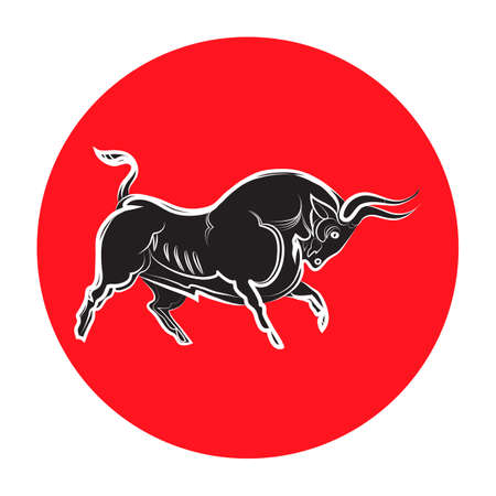 Black and white bull charging. Dynamic wild ox. Male cattle silhouette. Stylish outline animal isolated on red circle background. For bullfighting, logo, trademark farm. Vector flat illustration.のイラスト素材