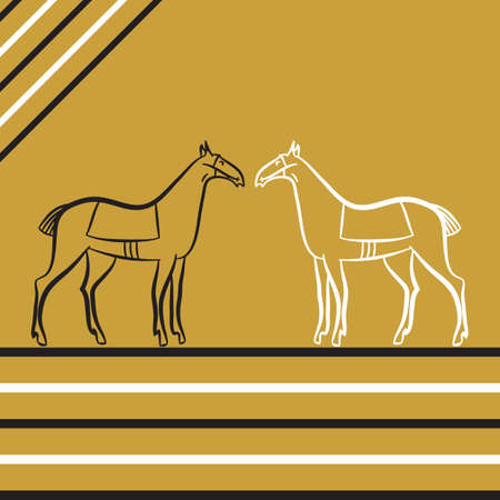 Two saddled stallions silhouettes. Black and white horses stand opposite each other. Horse racing. Derby. Horseback Riding. Racehorses outline. Trendy hipster linear style. Graphics for stable, farm.のイラスト素材