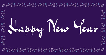 Happy New Year text and snowflakes decor on blue. New Year ornament blue banner. White and sky blue snowflakes border. Xmas theme with snowflake tracery.のイラスト素材