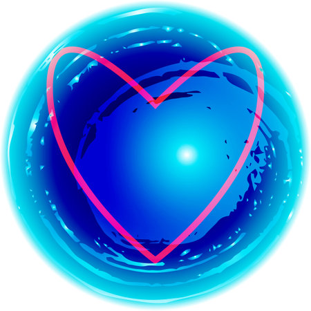 Red heart outline on bright blue abstract spot. Abstract irregularly shaped blue circle. Bright watercolor and gradients. Hand painted texture. Decorative spot isolated on white backdrop. Vector EPS10のイラスト素材