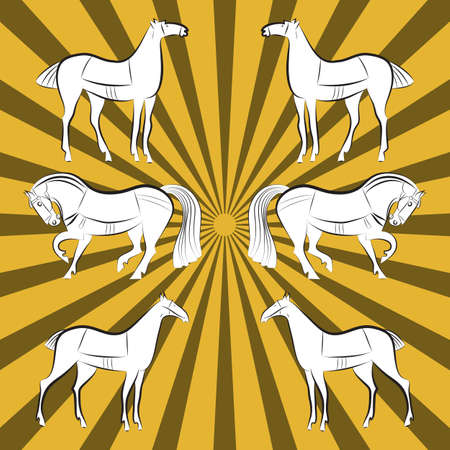 White horses silhouettes set. Mustangs three pairs on yellow and mustard rays background. White colored silhouettes with black outlines. Stallions hand drawing. Graceful animals group for stable, farmのイラスト素材