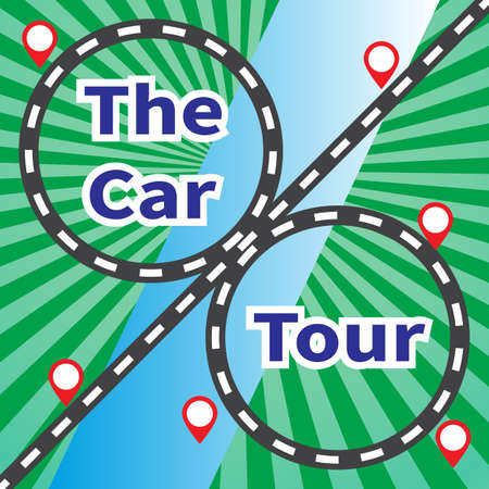 Transport interchange over river. Red marks near interchange. Inscription - The Car Tour. Travel vector illustration on rays background. Vacation planning, tourism, leisure, holiday theme. Flat style.のイラスト素材