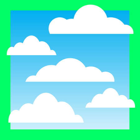 Abstract clouds on blue sky backdrop. White stylized clouds for text. Trendy flat style. Stylish template for design. Idea for poster, flyer, postcard, web, banner, cover. Vector simple illustrationのイラスト素材