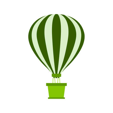 Hot air balloon with basket is flying. Striped balloon dome. Light green and green stripes. Green basket. Air transport for travel, recreation, entertainment. Peace, good luck, joyful future symbol.のイラスト素材