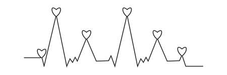 Continuous line cardiogram with hearts on peaks of graph. Electrical heart potentials registration....