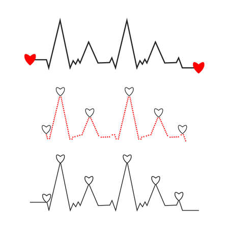 Heartbeat cardiogram charts vector set. Heart contractions frequency and regularity determination. Extrasystoles, arrhythmias. Healthy heart rate, ischemia, heart attack. Electrocardiogram, pulse lineのイラスト素材