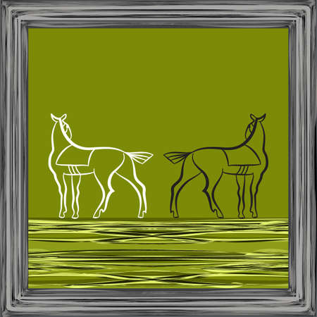 Two stallions stand with their backs to each other. Black and white horses. Hand drawing for design farm, stable, racing. Mustangs silhouettes on light green backdrop in gray frame. Racehorses outlineのイラスト素材