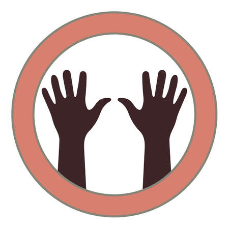 Two brown hands close up. Isolated silhouettes in ring center. Right and left human hands from wrist to fingertips. Open palms raised up. Human body details. Pink ring with gray rim.のイラスト素材