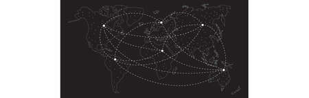 White outline world map with continents on black in banner center. Copyspace left and right....