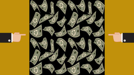 Two male hands point finger at falling banknotes. Two businessmen in business suits. Partnership, contract conclusion, successful meeting. For workflow layout, banner, web design, infographic templateのイラスト素材