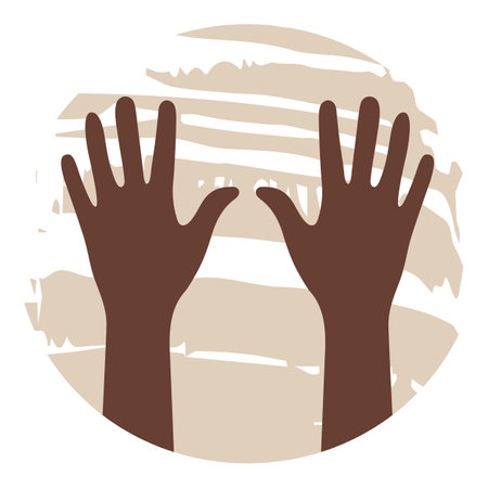 Two brown hands close up. Pale sand color abstract spot as backdrop. Open palms with wrists silhouettes. Human body details isolated. Right and left human hands raised up. Support, hope, peace symbol.のイラスト素材