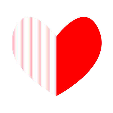 Two hearts joined together and became one heart. Solid red right side. Left part shaded with red vertical lines. Symbolizes love - earthly and heavenly. Metaphor of complete merging of two lovers.のイラスト素材