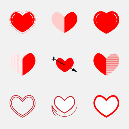 Collection of heart images. Love symbol icons set. Heart is the essence of person. Kind heart symbolizes nobility and compassion. Red and white objects group. Romantic elegant design elements.のイラスト素材