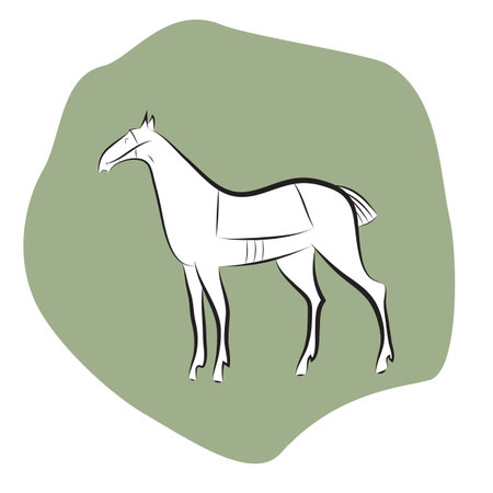 Black and white stallion silhouette on green spot background. Hand drawing steed isolated. Graceful elegant standing horse. Saddled mustang. horse symbol. Logo template for stables, farms, racing.のイラスト素材