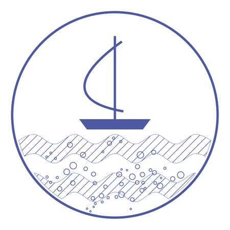 Blue and white round emblem of small sailboat on sea waves. Small boat crosses ocean. Air bubbles rise through water. Minimalism in marine style. Navigation, fishing, ship, bungalow or beach theme.のイラスト素材