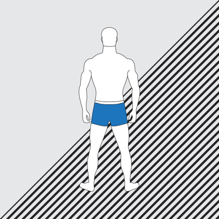 Back view of slender man in blue swimming trunks. Standing character against black and white striped background. male gender. human body figure. White silhouette with black outline. unknown person.のイラスト素材