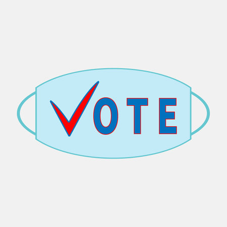 Light blue protective face mask with VOTE word. Letter V as red tick. Image with face mask icon....
