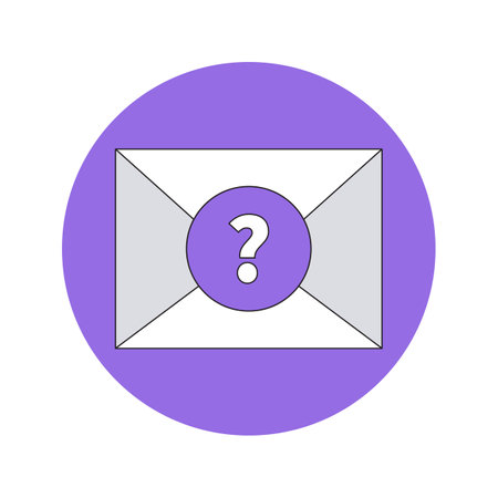 Postal closed envelope with round seal on purple circle. Question mark on purple stamp. white envelope mockup. Receiving or sending email. Subject of message, correspondence or office documents.のイラスト素材