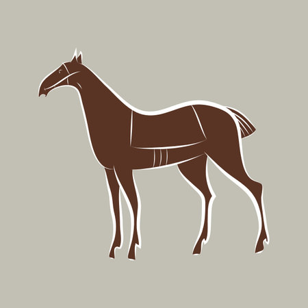 Brown graceful noble horse with white outline. Mustang hand drawing. Majestic animal silhouette isolated. Bay stallion suit. Racehorse template mascot symbol. Emblem for stable, farm, horse racing.のイラスト素材