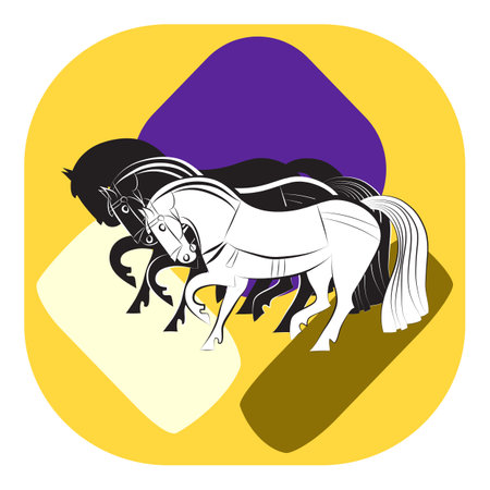 Three young saddled stallions in one harness on colorful spots backdrop. Black and white horses lowered their heads and beat with their hooves. Graceful mustangs silhouettes. Purebred racing trotters.のイラスト素材