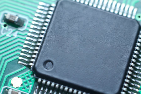 Close-up of electronic circuit board with microchips and chipsの写真素材