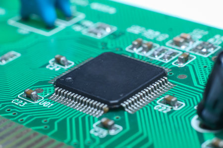 Close-up of electronic circuit board with microchips and microprocessorの写真素材