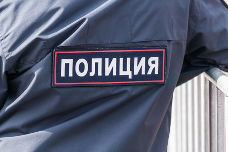 SAMARA - MAY 5: Police officer at military parade during celebration of the Victory day in the Great Patriotic War (World War II) on the square on May 5, 2018 in Samara, Russia.のeditorial素材