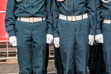 SAMARA - MAY 5: Dress rehearsal of military parade during celebration of the Victory day in the Great Patriotic War - russian soldiers standing on the square on May 5, 2018 in Samara, Russia.のeditorial素材