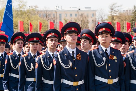 SAMARA - MAY 5: Dress rehearsal of military parade during celebration of the Victory day in the Great Patriotic War - russian soldiers marching on the square on May 5, 2018 in Samara, Russia.のeditorial素材