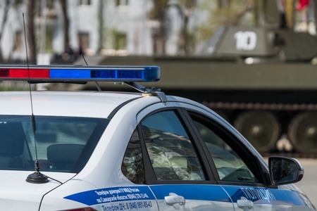 SAMARA - MAY 5: Police car at military parade during celebration of the Victory day in the Great Patriotic War (World War II) on the square on May 5, 2018 in Samara, Russia.のeditorial素材