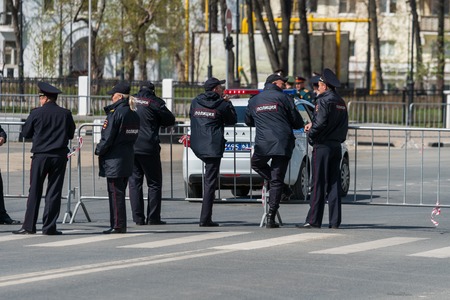SAMARA - MAY 5: Police officers at military parade during celebration of the Victory day in the Great Patriotic War World War II on the square on May 5, 2018 in Samara, Russia.のeditorial素材