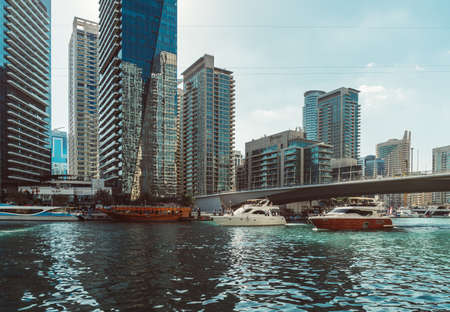 DUBAI, UAE - DECEMBER 12, 2018: Modern buildings in Dubai Marina, Dubai, UAE. In the city of artificial channel length of 3 kilometers along the Persian Gulf.のeditorial素材