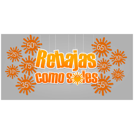 Summer discounts shine like suns, dangling  letters, rectangular banner, written in Spanish のイラスト素材