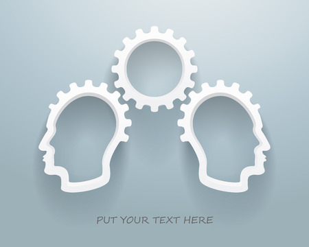 Abstract representation of a brainstorming workgroup  Two heads with gears on a blue background のイラスト素材