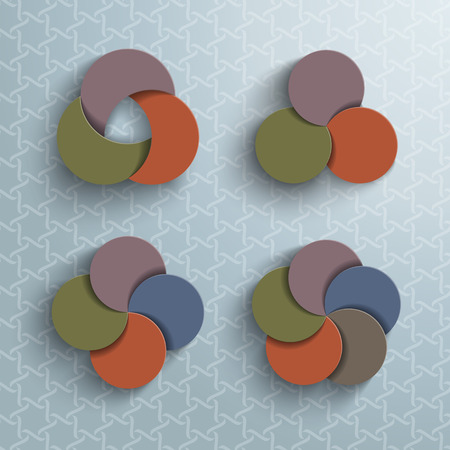 Abstract vector background of four models of stacked circles. Colorful design with shadows and patterns.のイラスト素材