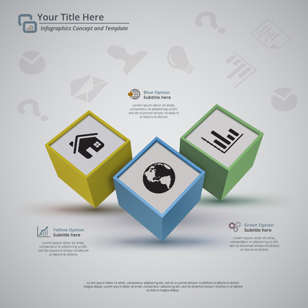 Perspective view of 3d cubes with icons, on a light gray background. There is 3 placeholder for title, graphic and description. Main cube is blue, others are yellow and green. Light shadow effects on the floor.のイラスト素材