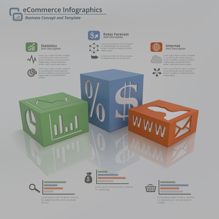 3D Infographic concept background of three cubes on a white floor with symbols on face and sides. Include placeholder for title and descriptions. This illustration feature statistics,earnings progress and internet tools for electronic commerce business.のイラスト素材